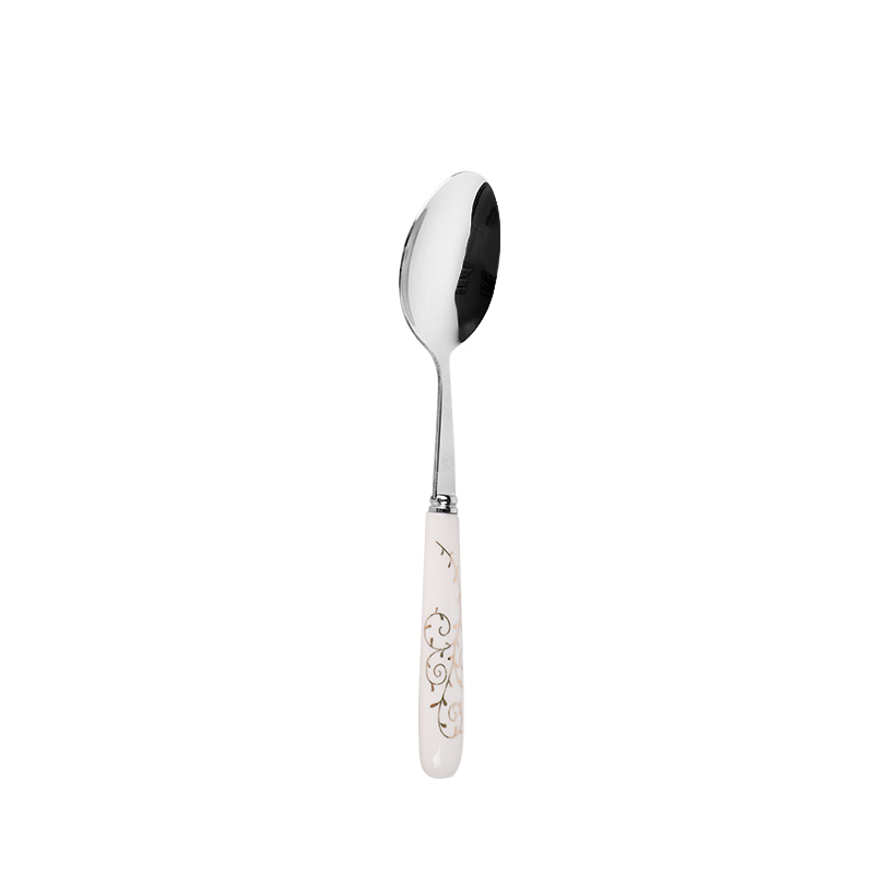 Nuevo diseño de la cuchara de acero inoxidable plateada de alta gama con mango de cerámica impresa