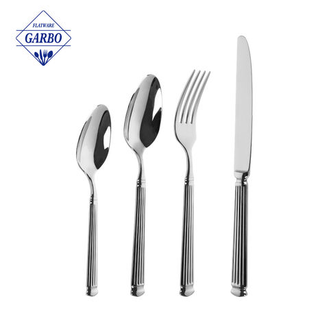 Modern Elegance Striped Design Handle Stainless Steel Silver Flatware Set