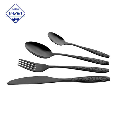 Matt black embossed design handle with color stainless steel flatware set