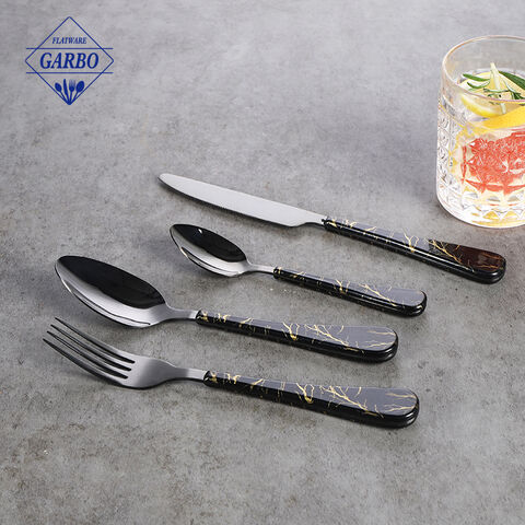 Set Garpu dan Sendok Stainless Steel dengan Gagang Marmer Hitam