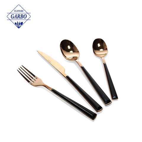 Printing wooden design plastic handle golden plating stainless steel flatware set