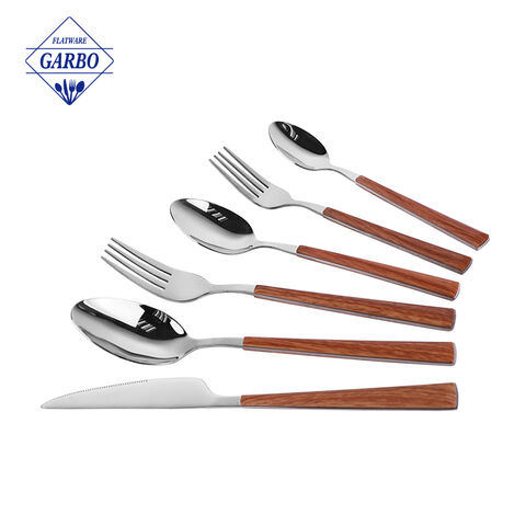 Printing wooden design plastic handle golden plating stainless steel flatware set