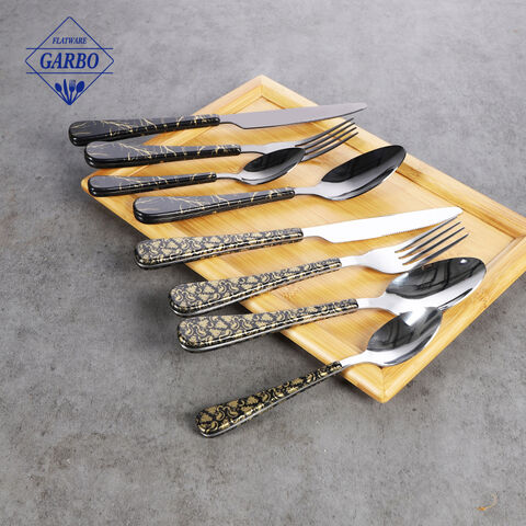 Set Garpu dan Sendok Stainless Steel dengan Gagang Marmer Hitam