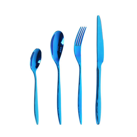 Blue Silverware Juego de cubiertos de cocina martillados de acero inoxidable de 4