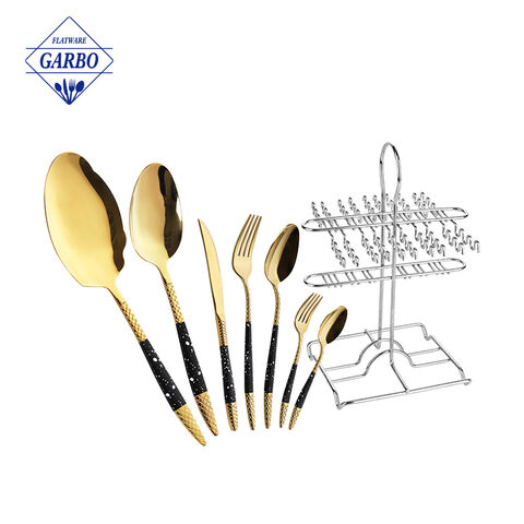 32pcs golden flatware sets na may mental stand