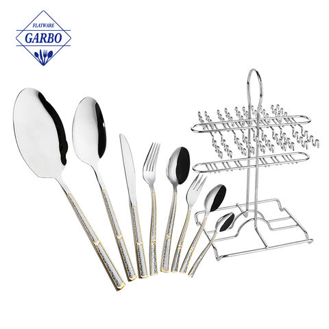 Sliver 32pcs cutlery set with embossed golden hand with mental stand 
