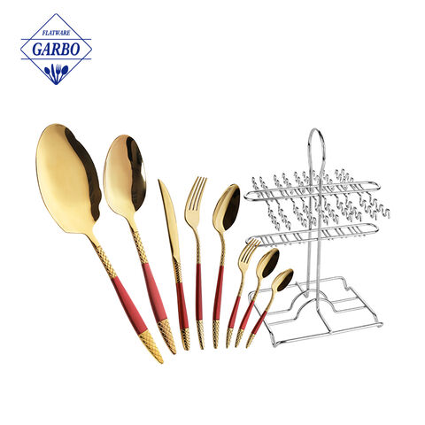 Middle East Top Seller 32pcs Golden Stainless Steel Cutlery na may Shelf