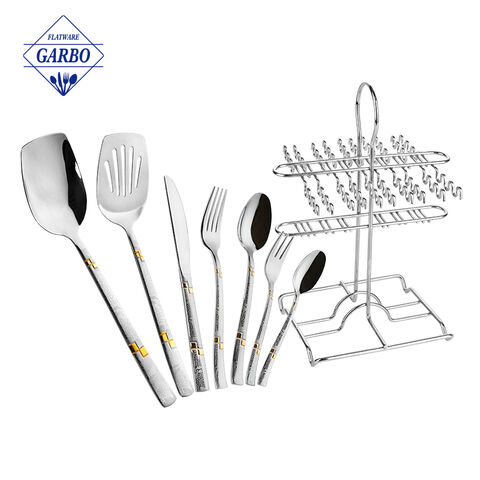 Middle East Top Seller 32pcs Golden Stainless Steel Cutlery na may Shelf