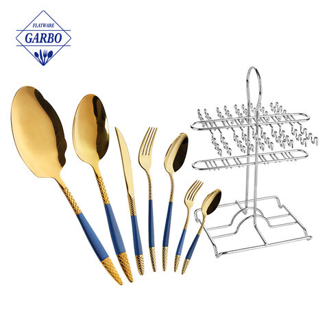 Modern Hotel Restaurant Flatware Gold Plating Cutlery Stainless Steel Hanging 32pcs Cutlery Set With Holder