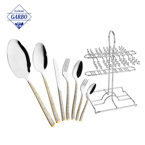 Modernong Hotel Restaurant Flatware Gold Plating Cutlery Stainless Steel Hanging 32pcs Cutlery Set With Holder