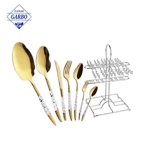 Modern Hotel Restaurant Flatware Gold Plating Cutlery Stainless Steel Hanging 32pcs Cutlery Set With Holder
