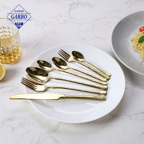 Gold 201ss 5pcs cutlery set na may hammer handle na disenyong flatware