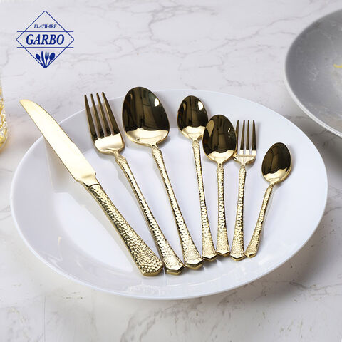 Gold 201ss 5pcs cutlery set na may hammer handle na disenyong flatware