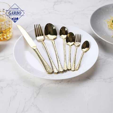 Gold 201ss 5pcs cutlery set na may hammer handle na disenyong flatware