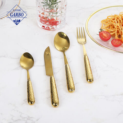 Factory Direct New Design Golden Hammer Grain Ceramic Handle Stainless Steel Cutlery