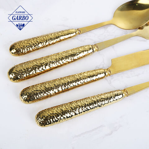 Direktang Pabrika Bagong Disenyo Golden Hammer Grain Ceramic Handle Stainless Steel Cutlery