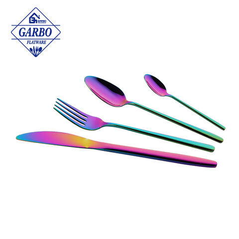 أدوات المائدة المصنوعة من الفولاذ المقاوم للصدأ بمرآة ملونة خاصة بألوان قوس قزح PVD بسعر الجملة