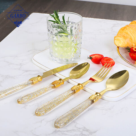 Wedding Gold Foil Paper Decor Plastic Handle Stainless Steel Flatware