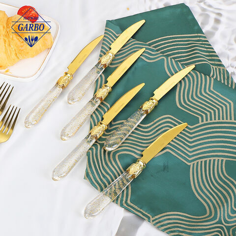 ديكور ورق من رقائق الذهب للزفاف، مقبض بلاستيكي، أدوات مائدة من الفولاذ المقاوم للصدأ