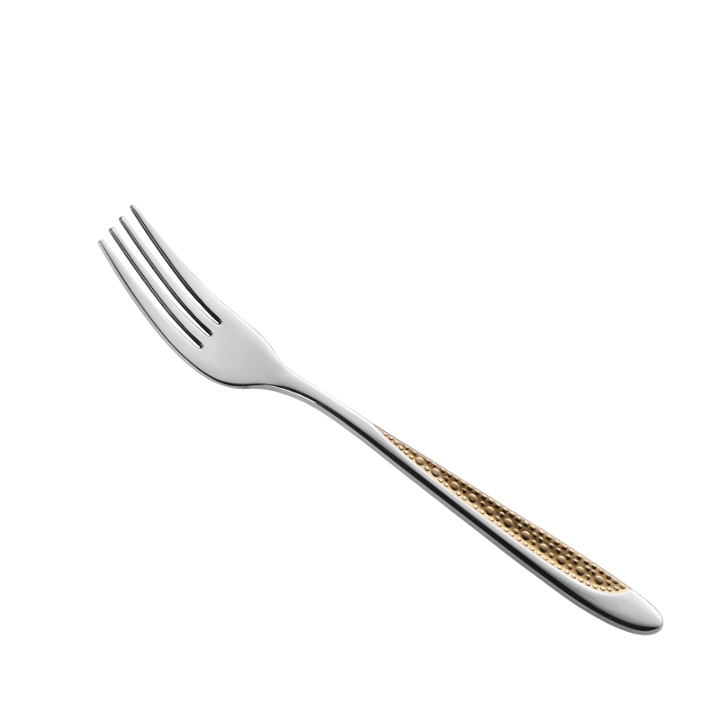 China silver stainless steel dinner fork with a golden electroplated handle