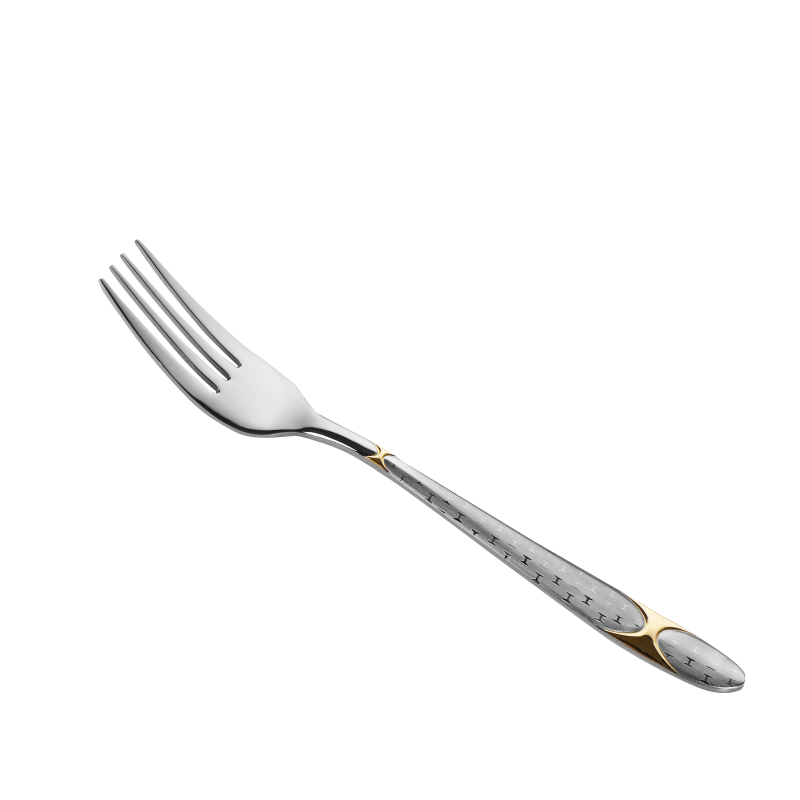 China silver stainless steel dinner fork with a golden electroplated handle