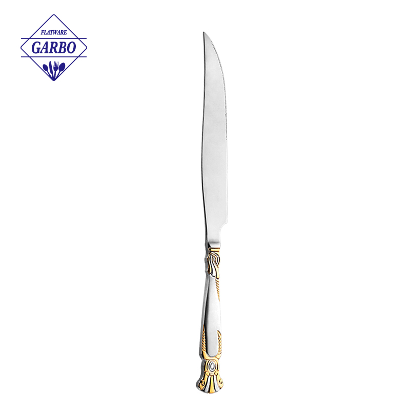 卸売ユニークなゴールドメッキハンドルミラー銀色の耐久性のあるディナーナイフ