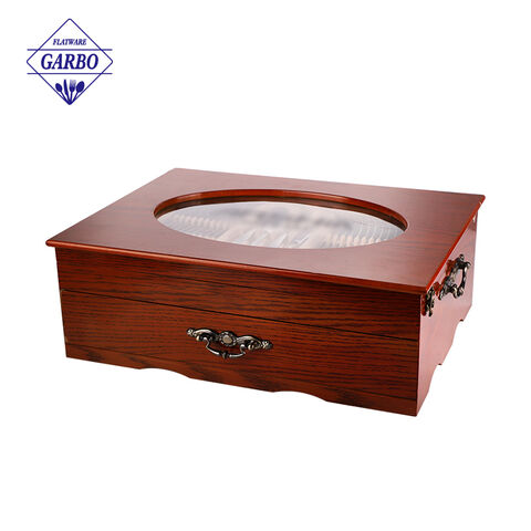 کارد و چنگال ظروف نقره ای آینه ای تولید کننده با جعبه چوبی طلایی براق برای هدیه