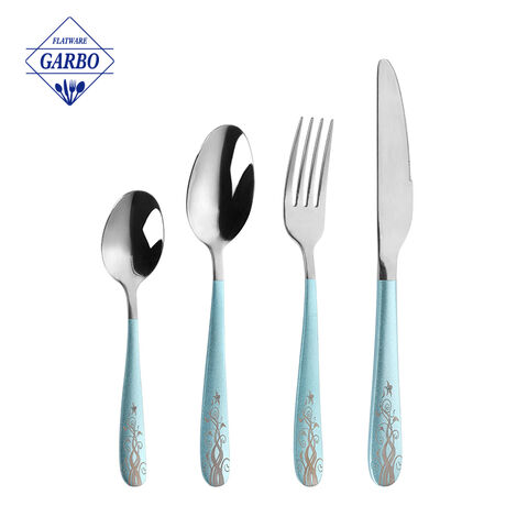 Best selling 16pcs set silver cutlery set with blue painted handle