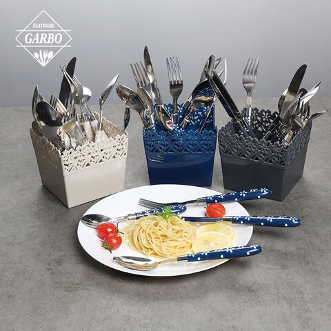 Wholesale Creative Flower Printing Plastic Handle Cutlery Set with Serving Basket