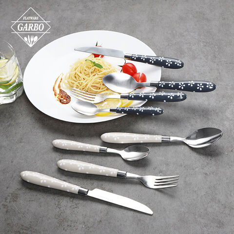 Wholesale Creative Flower Printing Plastic Handle Cutlery Set with Serving Basket