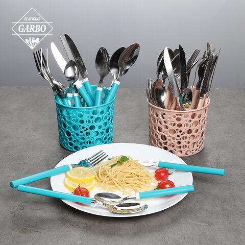 Factory Colorful PP Handle Mirror Silverware Flatware Set with Serving Basket