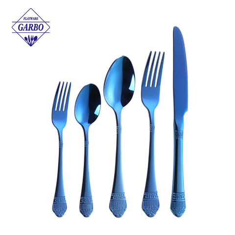 Produsen Jual Terlaris 5 PCS Ion Plating Warna Biru Stainless Steel Cutlery Set dengan Paket Massal