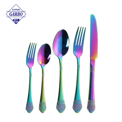 Factory Vintage Pattern Embossed Handle Rainbow Color Cutlery Set
