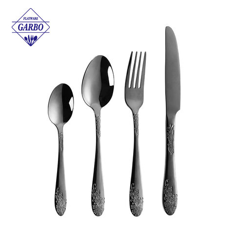Black set of 16pcs stainless steel cutlery set with embossed pattern