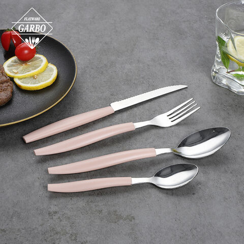 Grosir 4PCS Grosir 4PCS Sendok Garpu Stainless Steel Set dengan Pegangan Plastik Warna Pink Lucu