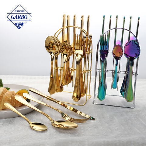 thumbnail interactive-video image 1 of 16 Pieces Cutlery Set Gold PVD Stainless Steel Flatware Set With Knife Spoon Fork Service For 4 Mirror Polish & Dishwasher Safe@Gold+Black_24pcs 1 of 9