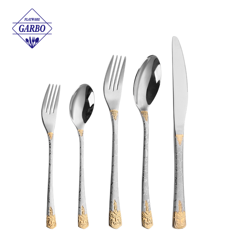 Embossed Flower Design Stainless Steel Cutlery Set with Gold Plating Handle