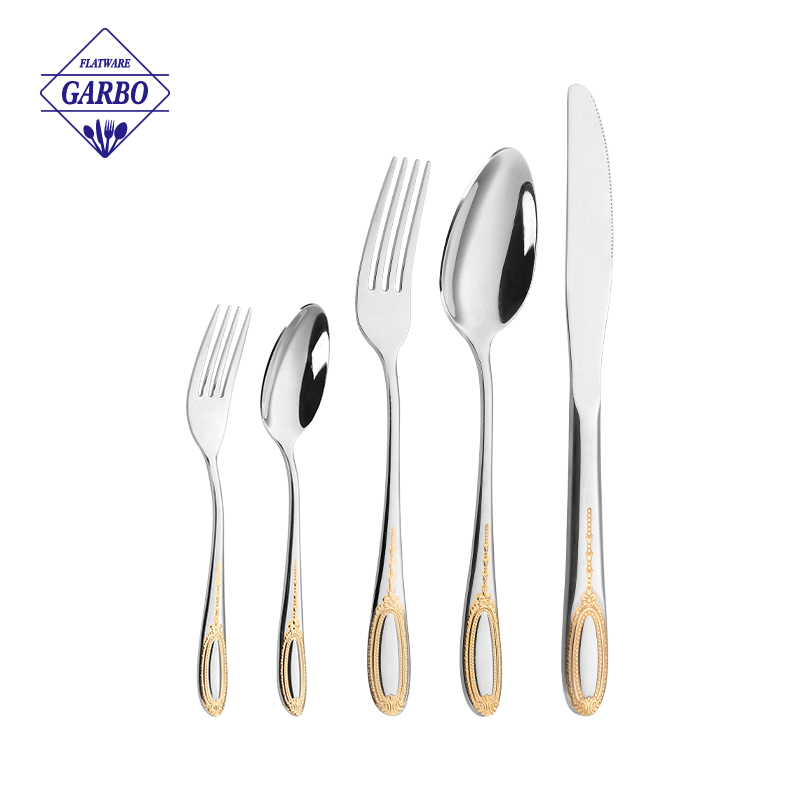 201 Stainless Steel Cutlery Set with Gold Plating Hammer Designed Handle 