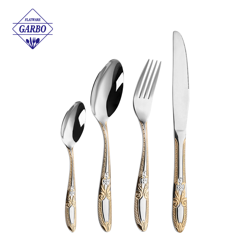 201 Stainless Steel Cutlery Set with Gold Plating Hammer Designed Handle 