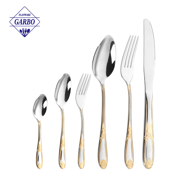 201 Stainless Steel Cutlery Set with Gold Plating Hammer Designed Handle 