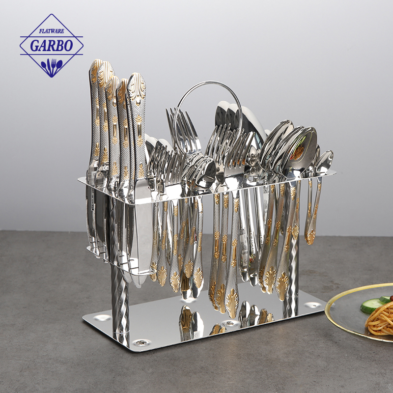 Factory Directly 18/10 Unique 30PC Cutlery Sets Laser Handle Gold Plated with metal stand 