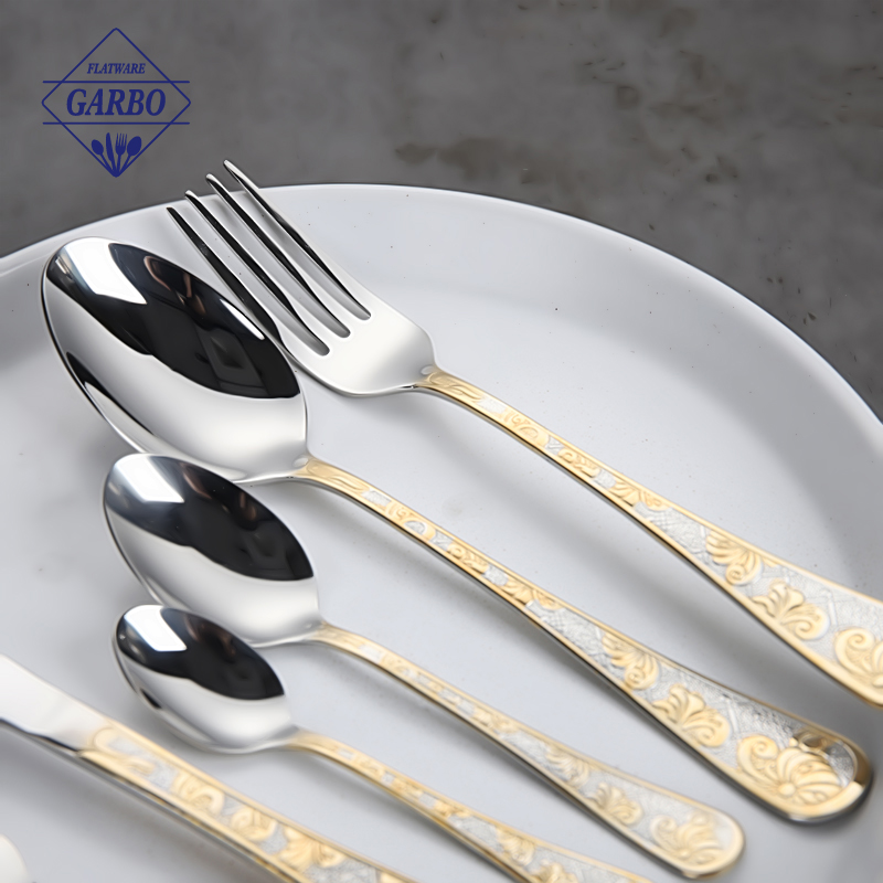 Luxury 24-Piece Stainless Steel Cutlery Set with Ornate Gold Handle & Polished Metal Stand