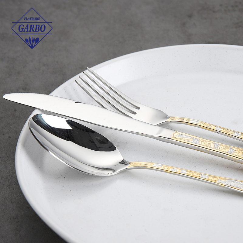 Luxury 24-Piece Stainless Steel Cutlery Set with Ornate Gold Handle & Polished Metal Stand