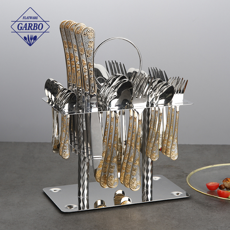 Godlen 24pcs cutlery sets with stand luxury  hot sale faltware flatware made in China