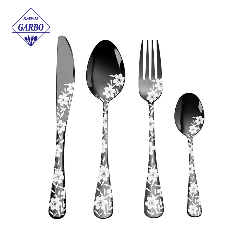 stainless steel cutlery factory in Brazil PVD black color 4 pcs cutlery sets for home with laser designs