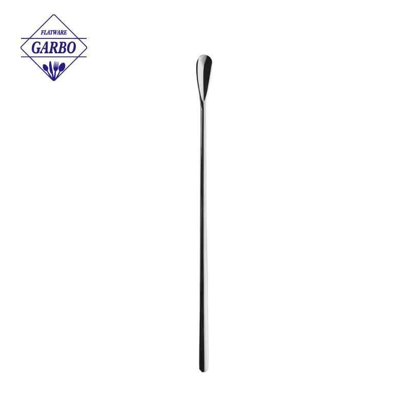 Silver stainless steel ice spoon with a long handle for beverage