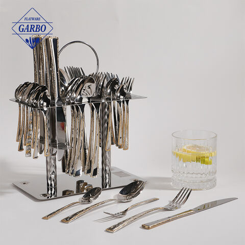 golden handle flatware Silver Set with 24K Gold-Plated Trim