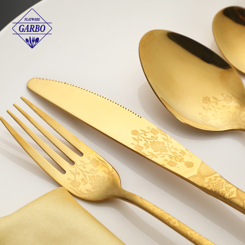 Factory Customized Laser Design luxurious gold Stainless Steel Flatware Set