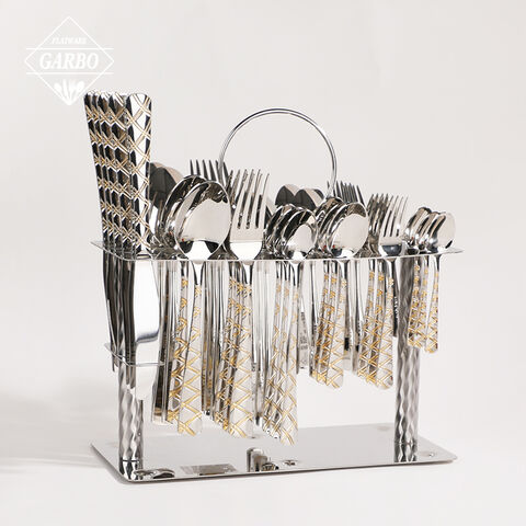 Exquisite High Mirror Polish Stainless Steel Gold Design Cutlery with Metal Stand