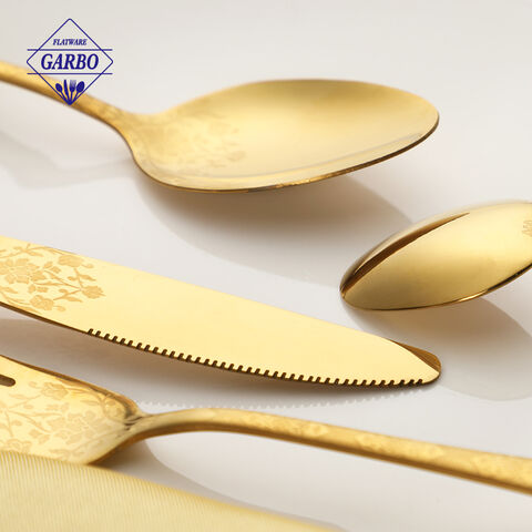 Wholesale 24 Piece 410 Stainless Steel Cutlery Set with PVD Gold Finish and Laser Pattern